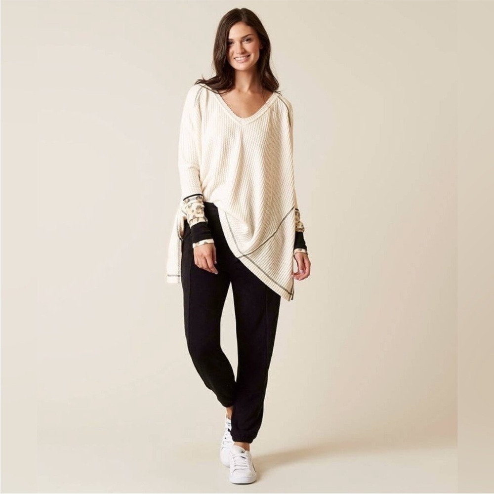 We The Free Cream Ribbed V-Neck Long Sleeve Top